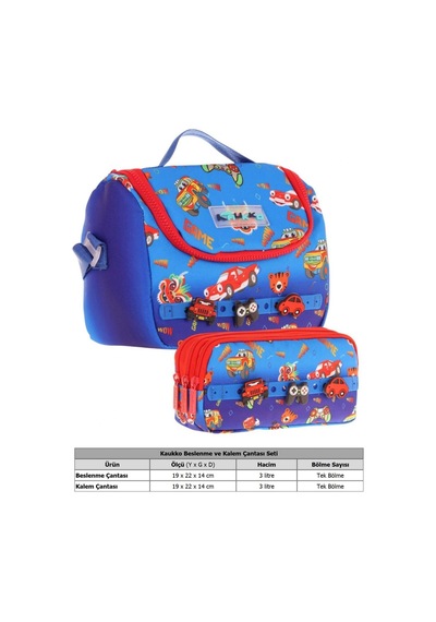 Kaukko Kids Isı Yalıtımlı Beslenme Çantası Ve Üç Gözlü Kalemlik Seti - Erkek Çocuk, Mavi Kırmızı Silikon Aksesuarlı Mavi - Kırmızı