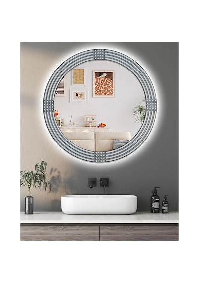 Led Işıklı Safir Gümüş Dekoratif İşlemeli Duvar Aynası Tekli 56cm Gümüş