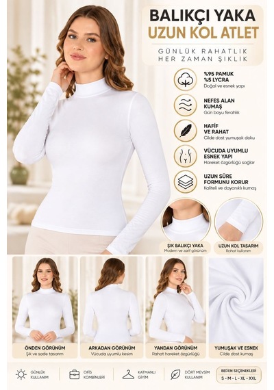 Kadın Balıkçı Yaka Uzun Kol Atlet Beyaz Esnek Kumaş, Vücuda Oturan Basic Body - Ryl - 2612 Xl