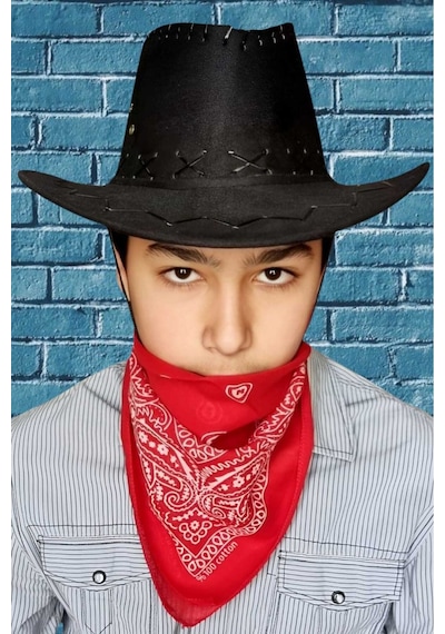 Uniquetrenders Çocuk Unisex Bandanalı Nubuk Kovboy Şapkası 8-14 Yaş Siyah 2