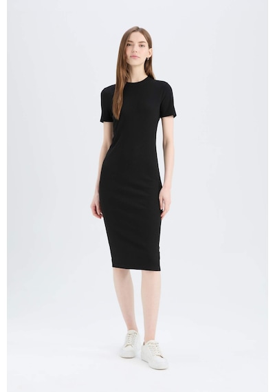 DeFacto Bodycon Vücudu Saran Bisiklet Yaka Basic Düz Fitilli Kaşkorse Kısa Kollu Midi Elbise E6926AX25SPBK81