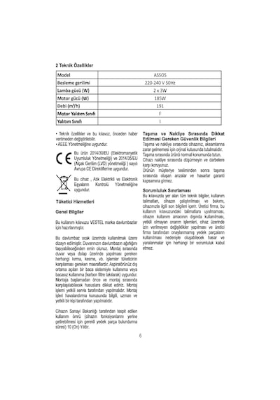 Vestel Assos Gömme Aspiratör Beyaz