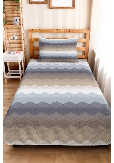 Geometrik Mavi Gri Genç Odası Tek Kişilik Pike Takımı - Modern Bej 160x220 Cm Kapitone Yatak Örtüsü Krem