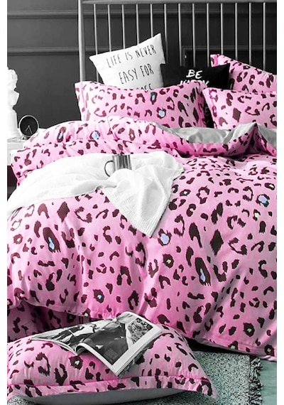 İqon Lastikli Çarşaflı Nevresim Takımı Tek Kişilik Leopar Pembe