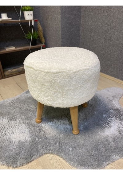 Asedia Miskin Naturel Teddy Krem Ahşap Ayaklı Peluş Puf Makyaj Koltuğu Yuvarlak Tabure