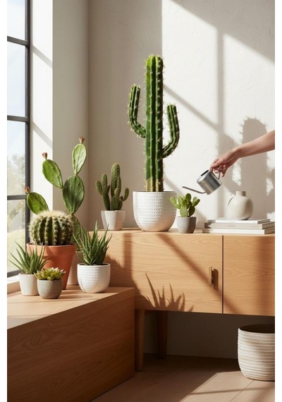 Yapay Çiçek Kaktüs Siyah Saksıda 3kollu 87 30cm Cactüs Yeşil