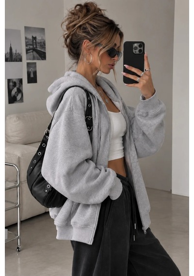 Cool Tarz Kadın Oversize Kapüşonlu Fermuarlı Sweatshirt 3 İplik Şardonlu Cepli Gri Gri