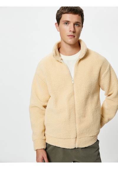 Koton Peluş Sweatshirt Fermuarlı Dik Yaka Yumuşak Dokulu Bej 4wam70437mk Ekru