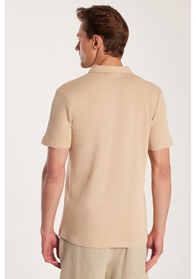 Tudors Erkek Slim Fit Dar Kesim %100 Pamuk Fermuarlı Bej Polo Yaka Tişört-33942 Bej