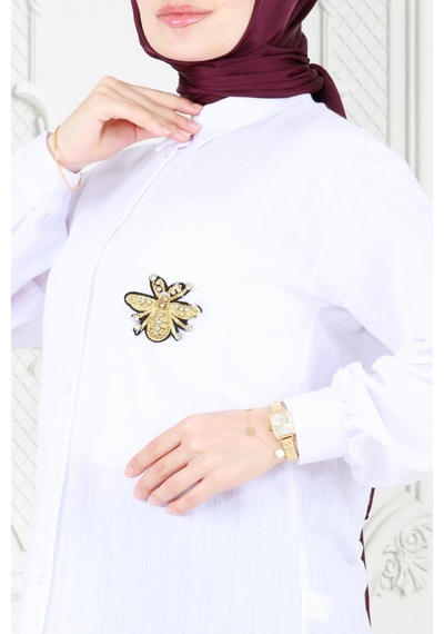 Sevitli Cebi Arı Detaylı Keten Tunik-beyaz-3867-beyaz Beyaz