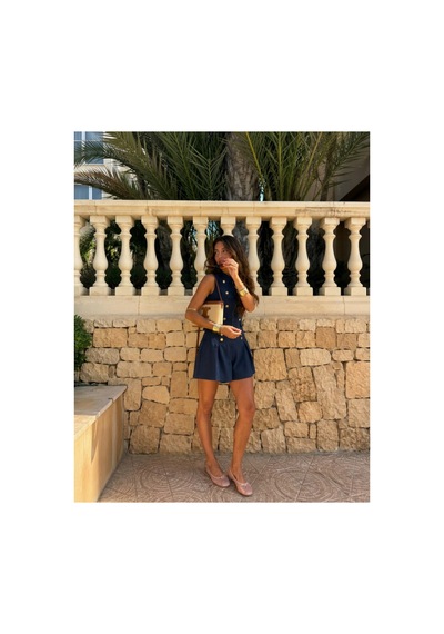 Asur Boutique Asur Butik Kadın Tüvit Gold Düğmeli Yelek Şort Etek Takım Şık Yazlık İkili Takım Lacivert