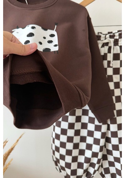 Monila Unisex Çocuk İnek Baskılı Kahverengi Sweatshirt Ve Dama Baskılı Eşofman Takım