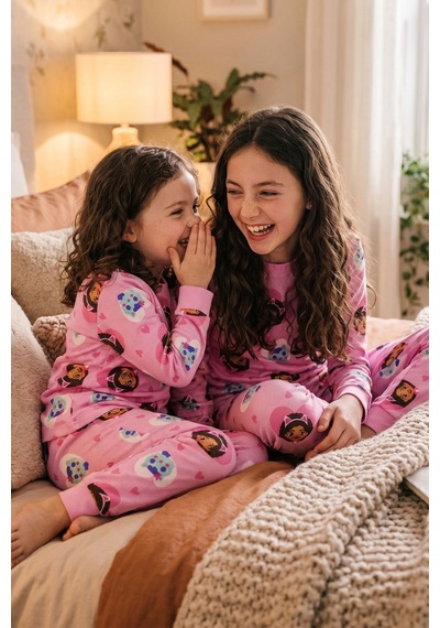 Zuzunga Kız Çocuk Uzun Kol Pembe Renk Kedi Kız Desenli Pijama Takımı