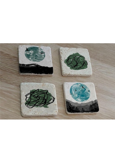Soyut Tasarım Ve Manzara Doğal Taş Bardak Altlığı 4'lü Set - Natural Stone Coasters - Taş Çok Renkli