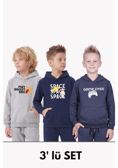Panios Kids 3'lü Kanguru Cepli Kapüşon Detaylı Baskılı Erkek Çocuk 3 Parça Sweatshirt Füme - Lacivert