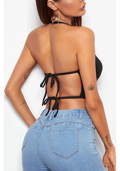 Liona Kadın Düz Yaka Sırt Açık Siyah Super Crop Top Bluz 001