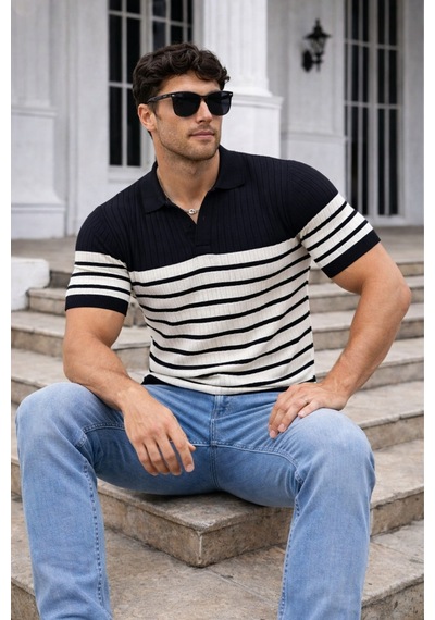 Tarz Cool Erkek Çizgili Triko Polo Yaka Slim Fit T-shirt Siyah