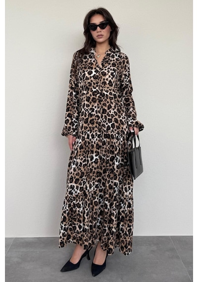 Madmext Kahverengi Leopar Desenli Düğmeli Kadın Elbise Mg2399 Kahverengi