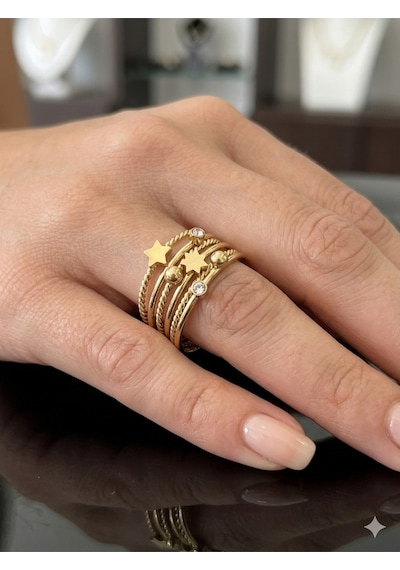 5'li Gold Renk Yıldızlı Ve Zirkon Taşlı Burgu Eklem Yüzüğü Seti Altın