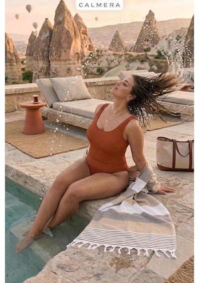 Calmera Natura Peştemal Pamuk - Doğal Saçaklı Plaj, Deniz, Havuz, Spa, Sauna, Spor, Seyahat Havlusu - Bej