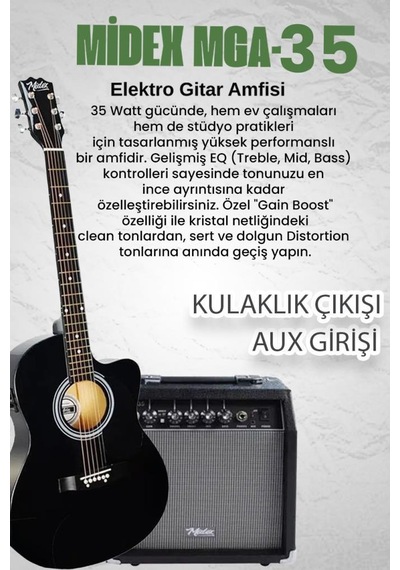 Midex Rg-560bk-amp Siyah Amfili Elektro Akustik Gitar Full Set