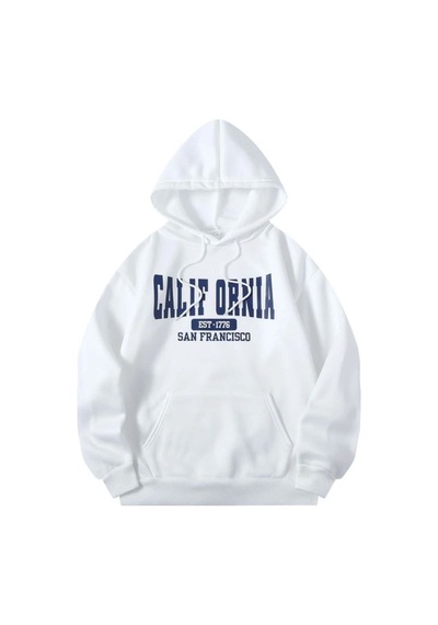 Califor Ornia 1776 Sweatshirt - Beyaz Baskılı Oversize Kışlık Kalın Kapüşonlu Beyaz