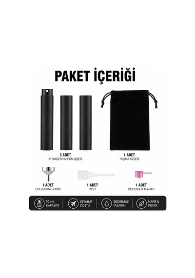 Tıcaro 3'lü Doldurulabilir Parfüm Atomizer Seti, 10 Ml, Siyah
