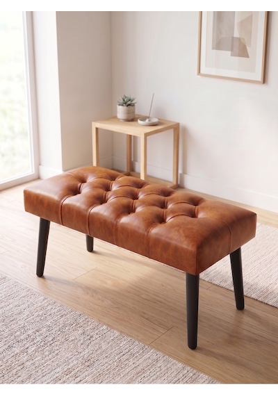 Modern Kapitoneli Taba Deri Kumaş Bench Puf Oturma Bankı Ahşap Siyah Ayaklı Demonte 90x45