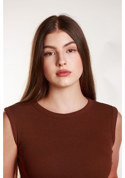 Mea Capio Kadın Kahverengi Fitilli Likralı Sıfır Kol Bisiklet Yaka Örme Atlet Tshirt Bluz Kahverengi