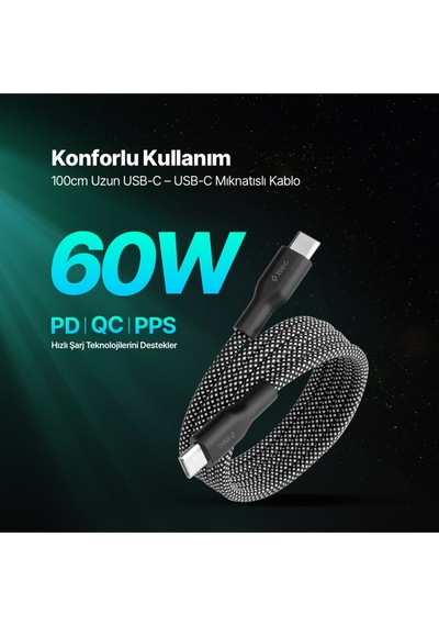 Ttec 2DK61S USB-C - USB-C Mıknatıslı 100 CM 60W Örgü Hızlı Şarj Kablosu 2Dk61S
