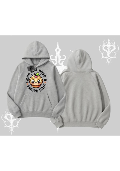 Sweet Day Cupcake Baskılı Kapşonlu Sweatshirt Gri
