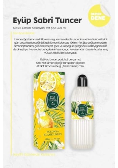 Tr Eyüp Sabri Tuncer Klasik Limon Kolonyası 80 Derece Cam Şişe 400 Ml