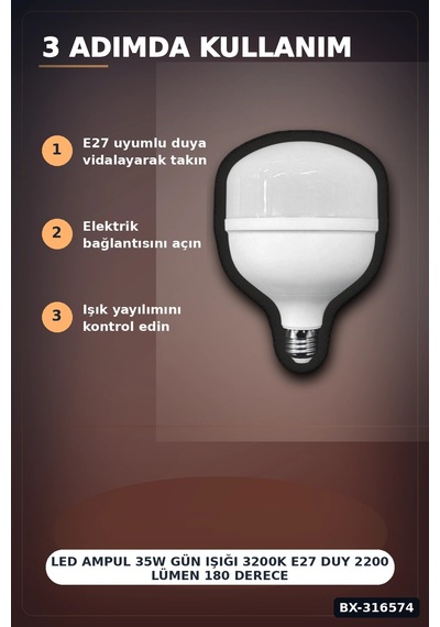 Led Ampul 35w Gün Işığı 3200k E27 Duy 2200 Lümen 180 Derece Ip20 - 1 Adet Bx-316574