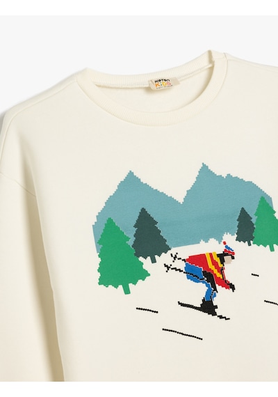 Koton Sweatshirt Kayak Baskılı Bisiklet Yaka Uzun Kollu Şardonlu Ekru 5wkb10565tk Ekru