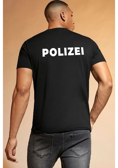 Unisex Polizei Baskılı Kısa Kol T-shirt SIYAH