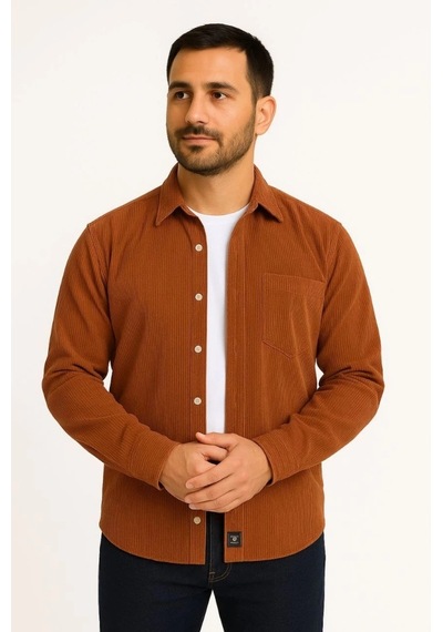 Erkek Fitilli Kadife Cepli Gömlek Oversize Rahat Kalıp Kahverengi Kahverengi
