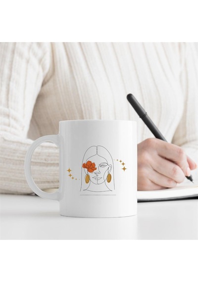 Line Art Çiçekli Kadın Tasarımlı Porselen Kahve Kupası Saydam