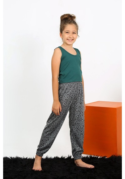 Akbeniz Kız Çocuk Sıfır Kol Zümrüt Yeşili Penye Pijama Takım 20433