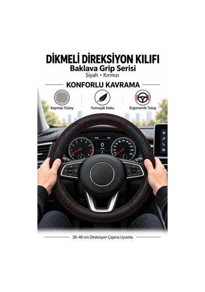 Trobus Volkswagen Golf 2020 Ve Sonrası Uyumlu Dikmeli Direksiyon Kılıfı Baklava Grip Siyah Kırmızı Siyah - Kırmızı
