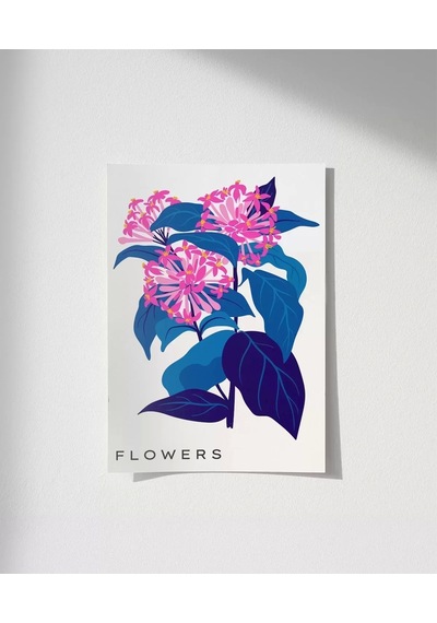 Çerçevesiz Poster Mavi Yaprak Pembe Çiçek