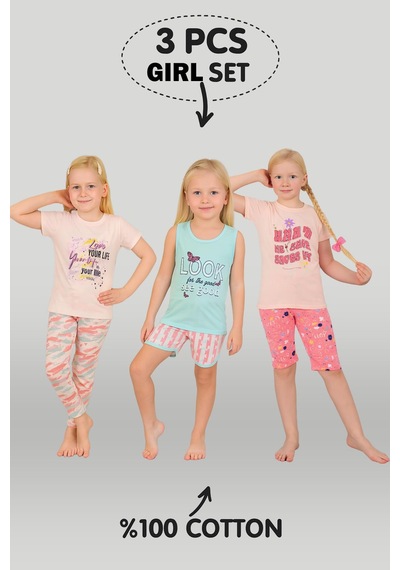 Kız Çocuk 3'lü %100 Pamuklu 1-2-3 Yaş Pijama Takımı Model:130 Çok Renkli