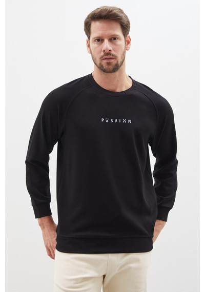 Fullamoda Baskılı Bisiklet Yaka Modal Sweatshirt Siyah