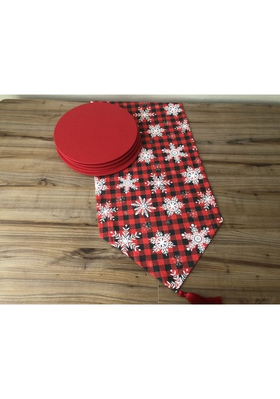 Yılbaşı Kar Tanesi Desenli Runner & Supla Kırmızı