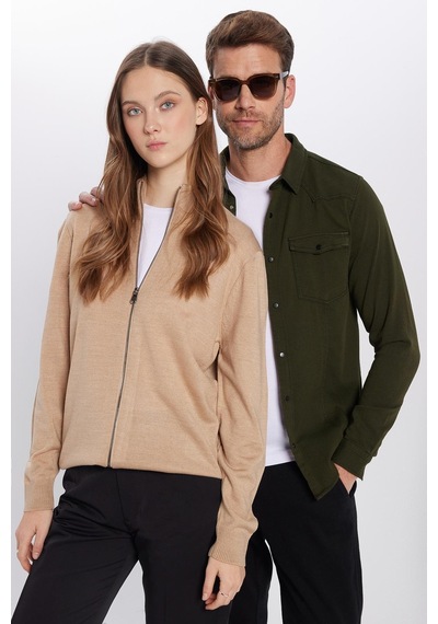 Tudors Unisex Slim Fit Dar Kesim Bej Dik Yaka Fermuarlı Düz Hırka-32262 Bej