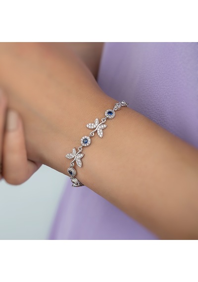 Gümüş Pazarım Safir Taşlı Kelebek Motifli Gümüş Bileklik