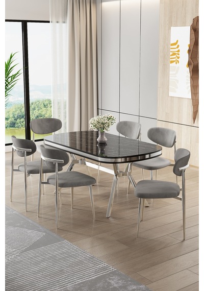 Canisa Olya Serisi 90x168 Lak Panel Sonata Masa Takımı Krom Ayaklı 6 Gri Sandalye Sonata Masa Gri Sandalye Canisa Olya Serisi 90x168 Lak Panel Sonata Masa Takımı Krom Ayaklı 6 Gri Sandalye Sonata Masa Gri Sandalye