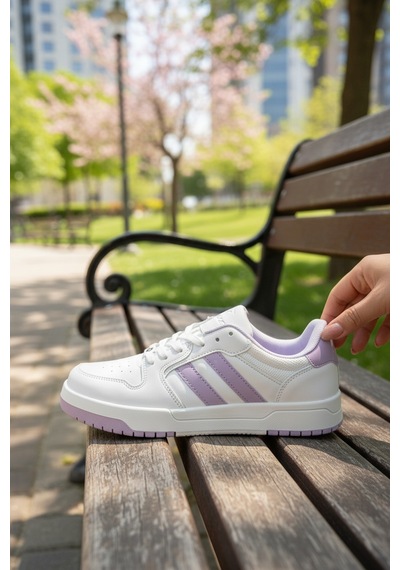 Enoch Kadın Renkli Şerit Detaylı Şık Sneaker Yürüyüş Ayakkabısı Beyaz Lıla