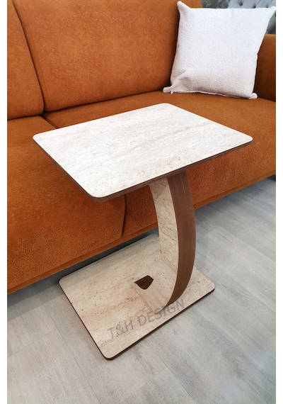 C Sehpa Dikdörtgen, Tekerlekli Yan Sehpa, %100 Mdf Yan Sehpa Traverten