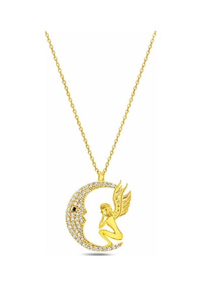 Çekirdekjewelry 925 Ayar Gümüş Melek Figürlü Ay Kolye Zirkon Taşlı Gold Kaplama Hilal Kadın Kolye Sarı Çekirdekjewelry 925 Ayar Gümüş Melek Figürlü Ay Kolye Zirkon Taşlı Gold Kaplama Hilal Kadın Kolye Sarı