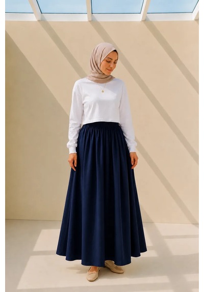 Kadın Lacivert Cepli Beli Lastikli Poplin Uzun Etek 90 Cm